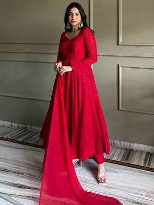 Amazeballs Red Thread Work Georgette Wedding Wear Anarkali Pant Suit 5