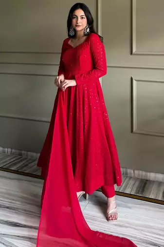 Amazeballs Red Thread Work Georgette Wedding Wear Anarkali Pant Suit