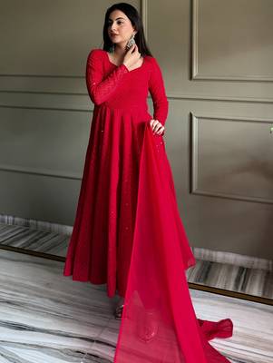 Amazeballs Red Thread Work Georgette Wedding Wear Anarkali Pant Suit 6