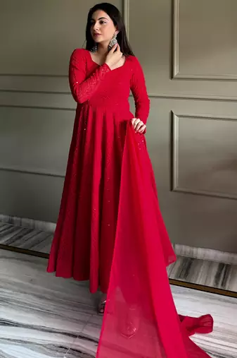 Amazeballs Red Thread Work Georgette Wedding Wear Anarkali Pant Suit