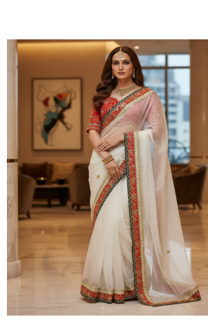 White Color  Sequins and Jari thread Embroidery Work Organza art silk saree 1