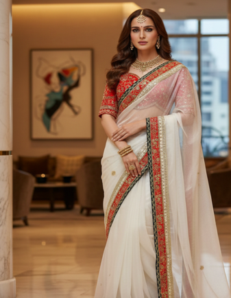 White Color  Sequins and Jari thread Embroidery Work Organza Silk Saree