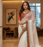 White Color  Sequins and Jari thread Embroidery Work Organza Silk Saree