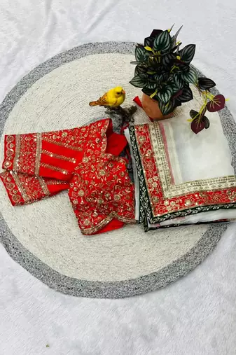 White Color  Sequins and Jari thread Embroidery Work Organza art silk saree