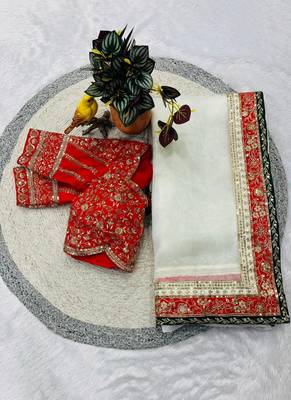 White Color  Sequins and Jari thread Embroidery Work Organza art silk saree 3