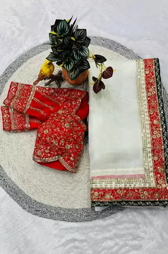 White Color  Sequins and Jari thread Embroidery Work Organza art silk saree