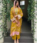 Yellow colour pakistani printed kurati print with embroidery set
