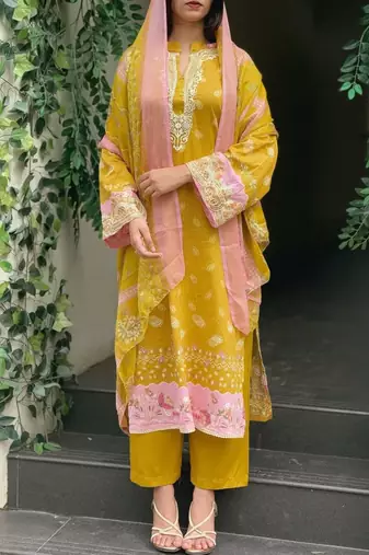Yellow colour pakistani printed kurati print with embroidery set