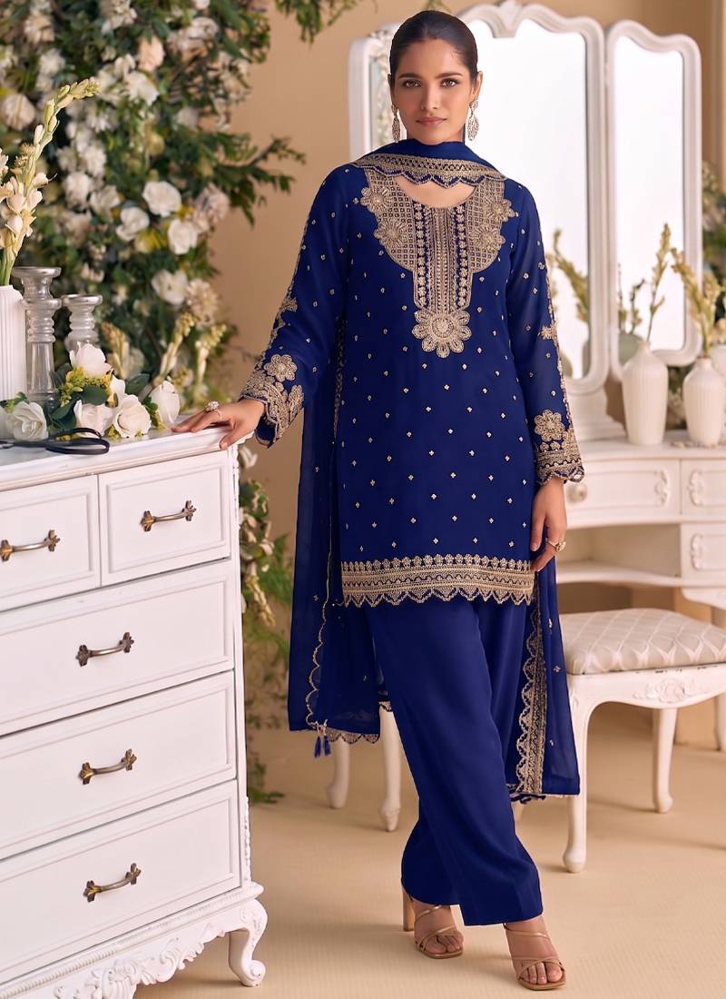 New georgette short salwar kameez pakistani style navy blue
