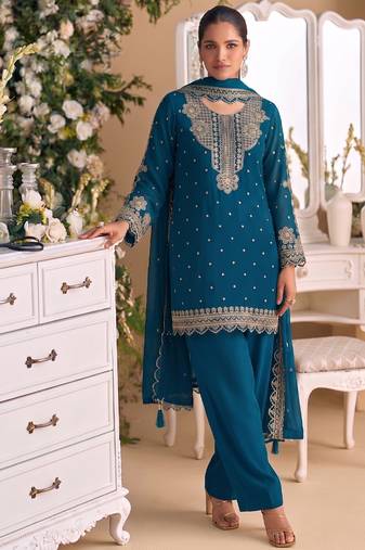 New georgette short salwar kameez pakistani style aqua blue