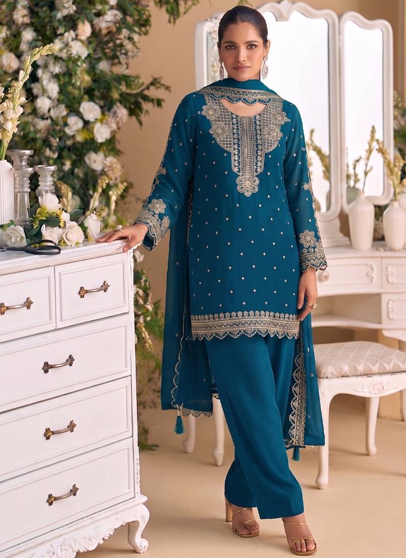 New georgette short salwar kameez pakistani style aqua blue