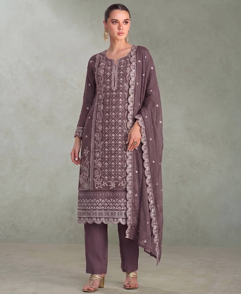 Lilac pakistani straight suit for women chiffon
