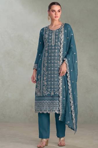 Sky blue pakistani straight suit for women chiffon