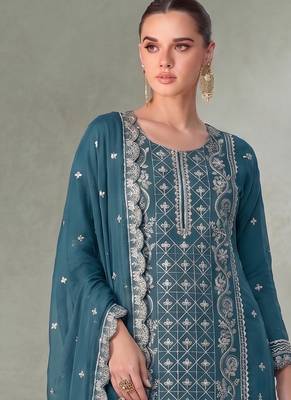 Sky blue pakistani straight suit for women chiffon 2