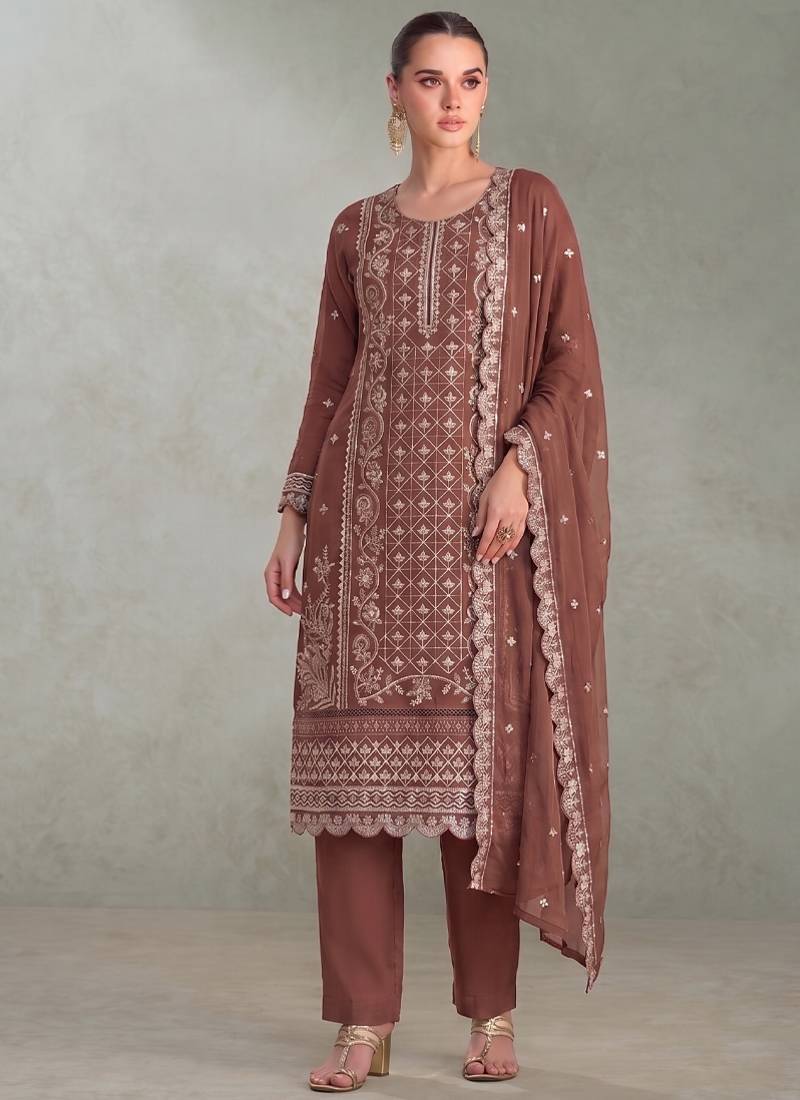 Peach pakistani straight suit for women chiffon