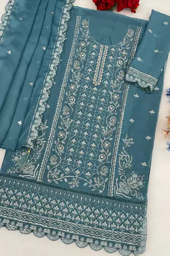 Sky blue pakistani straight suit for women chiffon