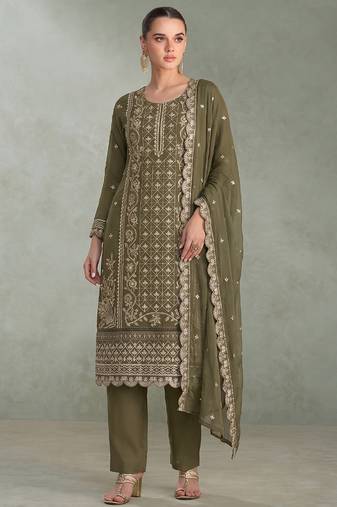 Mahendi green pakistani straight suit for women chiffon