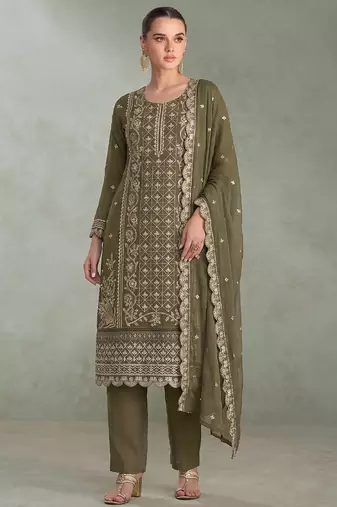 Mahendi green pakistani straight suit for women chiffon