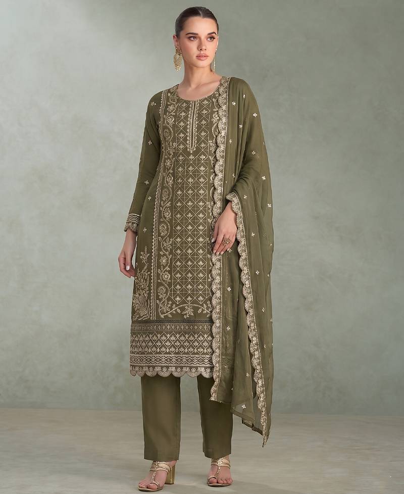 Mahendi green pakistani straight suit for women chiffon