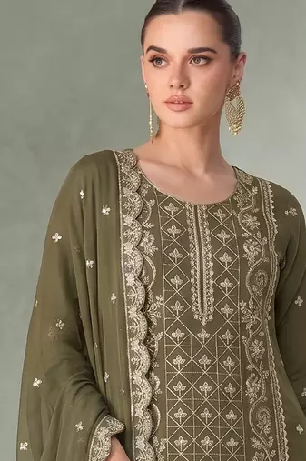 Mahendi green pakistani straight suit for women chiffon
