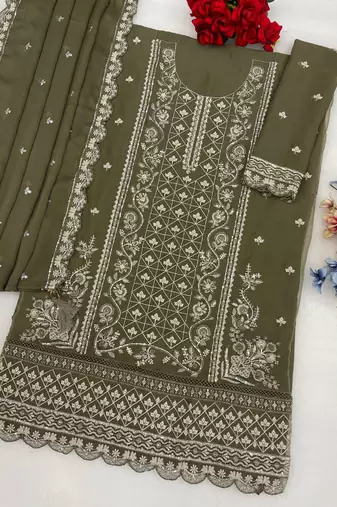 Mahendi green pakistani straight suit for women chiffon