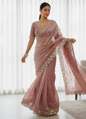 Light Pink Color Embroidery work of Beads & Sequins work  Satin Silk  1