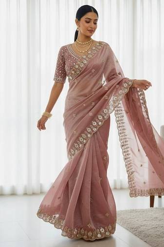Light Pink Color Embroidery work of Beads & Sequins work  Satin Silk 
