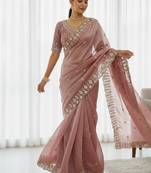 Light Pink Color Embroidery work of Beads & Sequins work  Satin Silk 