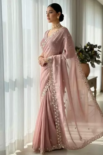 Light Pink Color Embroidery work of Beads & Sequins work  Satin Silk 