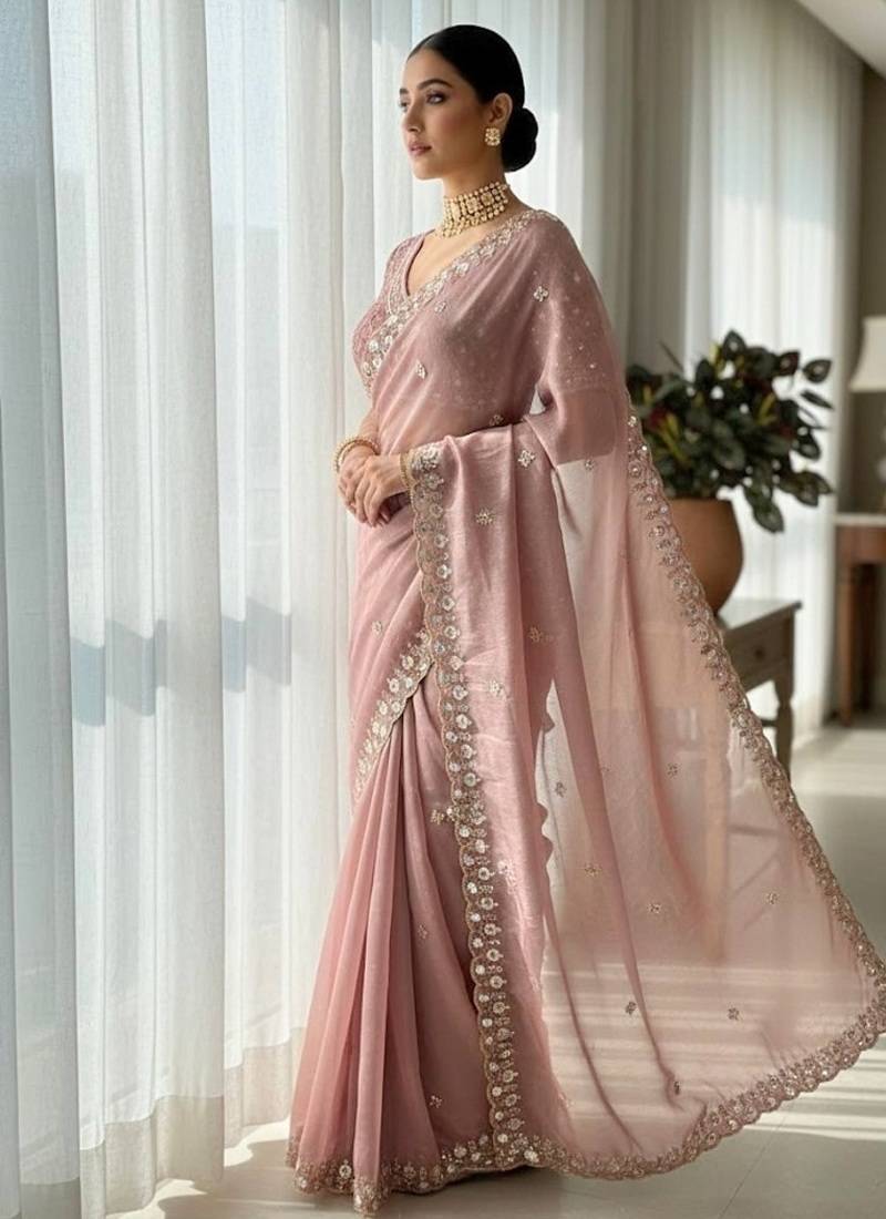 Light Pink Color Embroidery work of Beads & Sequins work  Satin Silk 