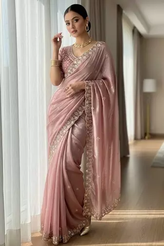 Light Pink Color Embroidery work of Beads & Sequins work  Satin Silk 
