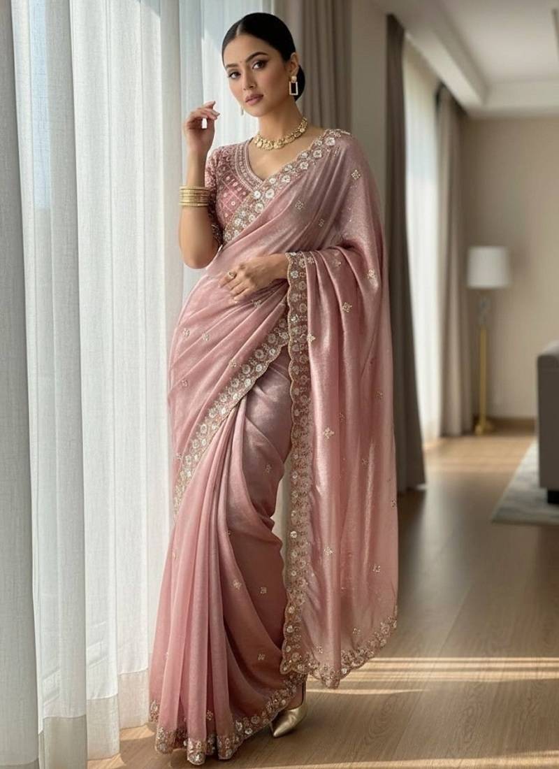 Light Pink Color Embroidery work of Beads & Sequins work  Satin Silk 