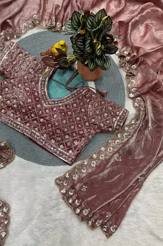 Light Pink Color Embroidery work of Beads & Sequins work  Satin Silk 