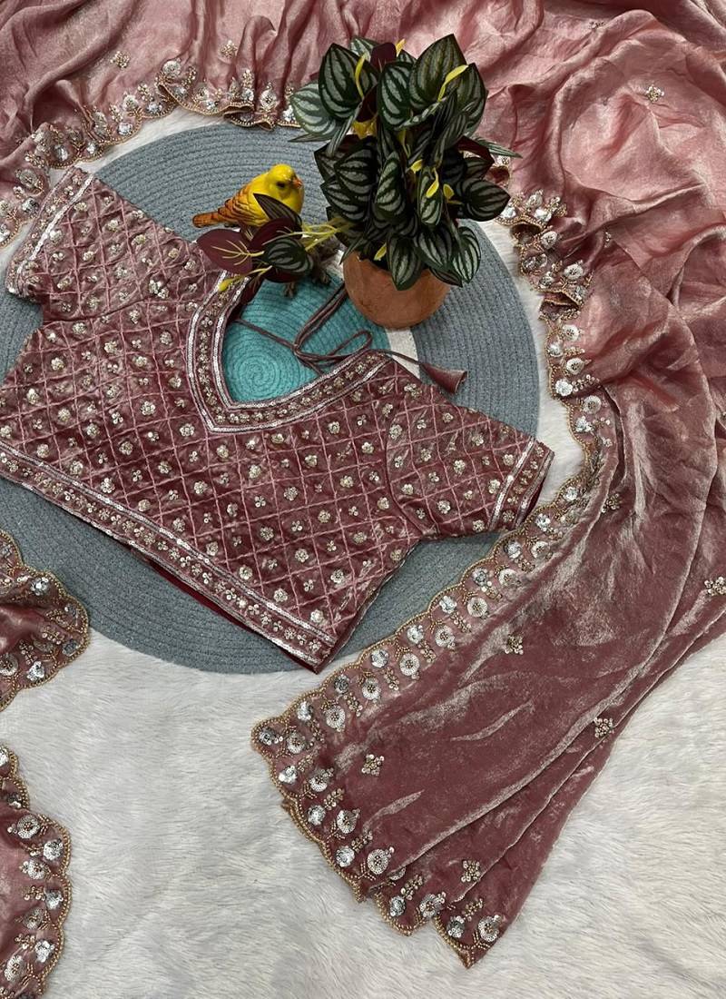 Light Pink Color Embroidery work of Beads & Sequins work  Satin Silk 