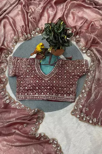 Light Pink Color Embroidery work of Beads & Sequins work  Satin Silk 