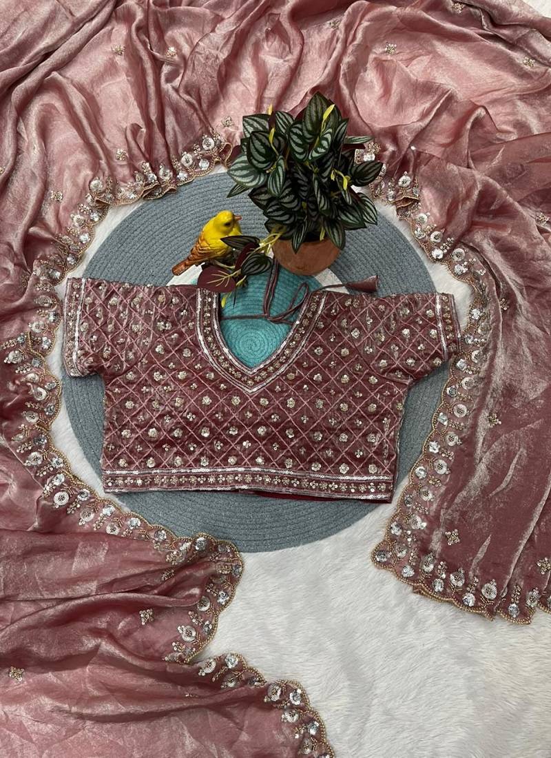 Light Pink Color Embroidery work of Beads & Sequins work  Satin Silk 