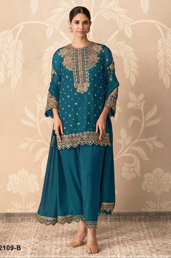 Peacock blue georgette semi stitched wedding suits