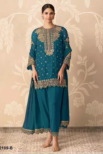 Peacock blue georgette semi stitched wedding suits