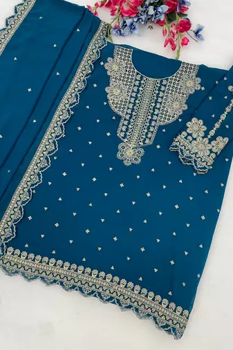Peacock blue georgette semi stitched wedding suits