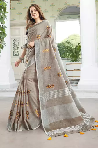 Sutriti women brown linen saree with floral embroidery border & tassels