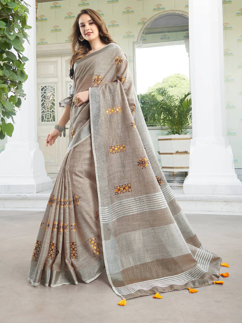 Sutriti women brown linen saree with floral embroidery border & tassels