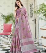 women purple linen saree with floral embroidery border & tassels