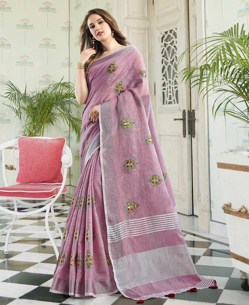 Sutriti women purple linen saree with floral embroidery border & tassels