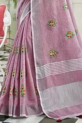 women purple linen saree with floral embroidery border & tassels