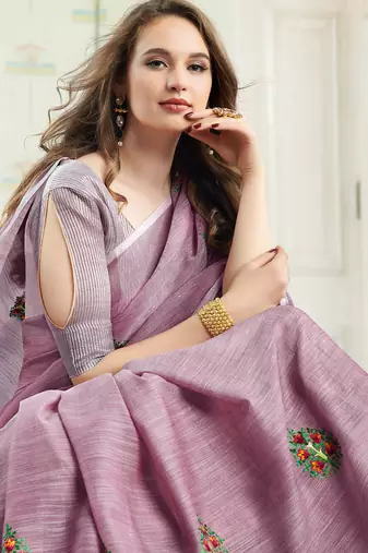 women purple linen saree with floral embroidery border & tassels
