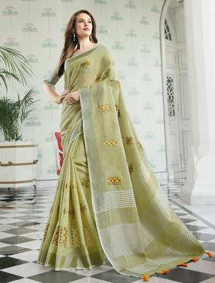 women light green linen saree with floral embroidery border & tassels 1