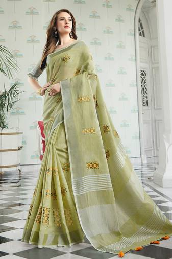 Sutriti women light green linen saree with floral embroidery border & tassels