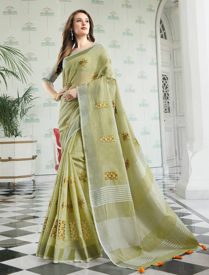 Sutriti women light green linen saree with floral embroidery border & tassels