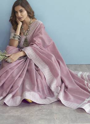 pink linen saree for women festive wear elegant ethnic wedding party saree 2
