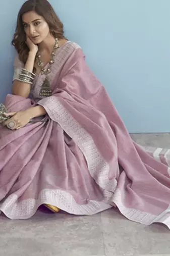 pink linen saree for women festive wear elegant ethnic wedding party saree